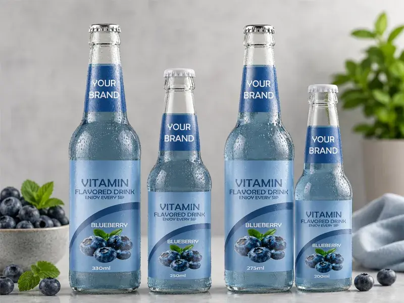 VITAMIN FLAVORED DRINK Blueberry flavour in 330ml, 250ml, 275ml, and 200ml glass bottles.